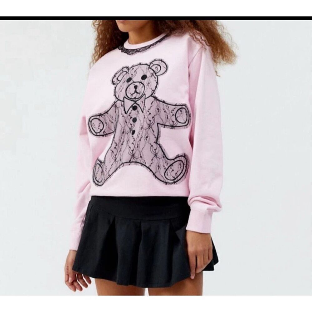 Teddy Fresh applique Bear pink sweater black Lace trim Women’s medium streetwear
